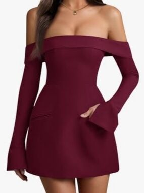 Off-Shoulder Long Sleeve Burgundy Mini Dress
